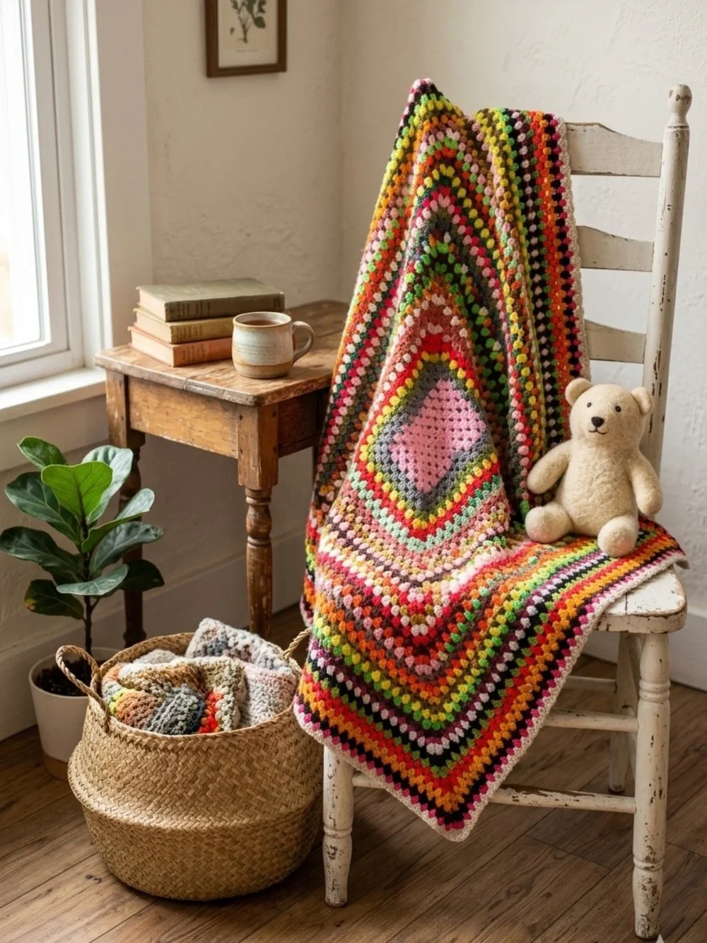 Vintage Handmade Crochet Granny Square Afghan Multi-Color Boho Blanket 63”x58”
